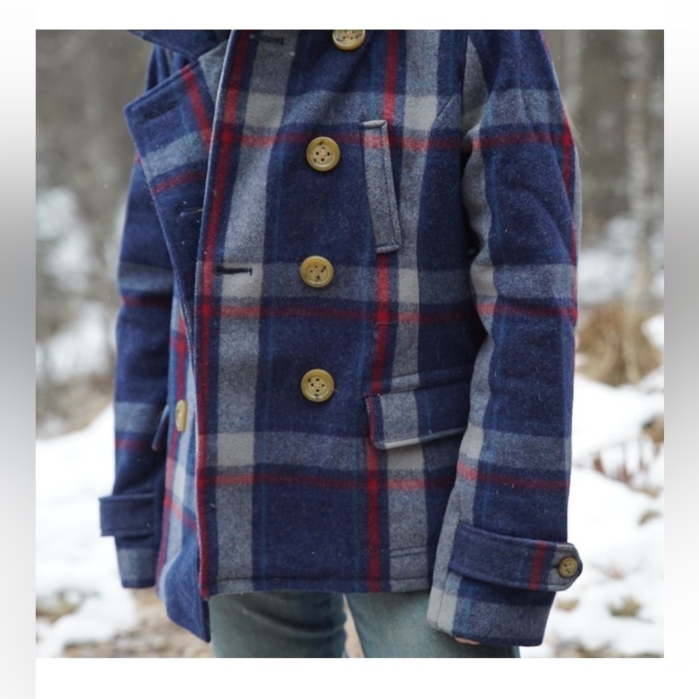 American Eagle Y2K pea coat Plaid Wool Jacket blue red, casual fall classic $200